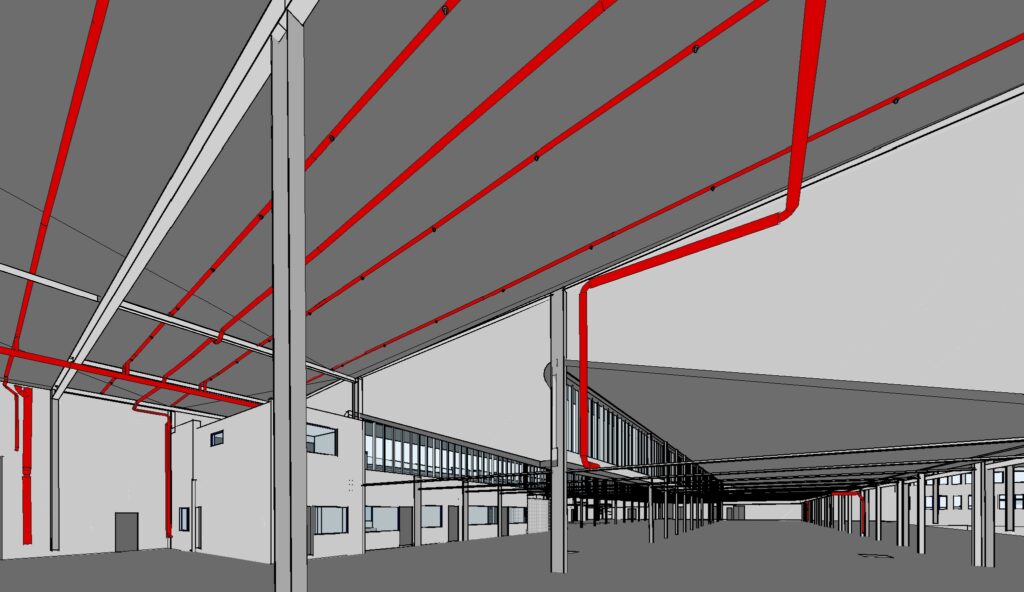 The red here indicates the sprinkler system piping, which is a common area where clash detection is essential.